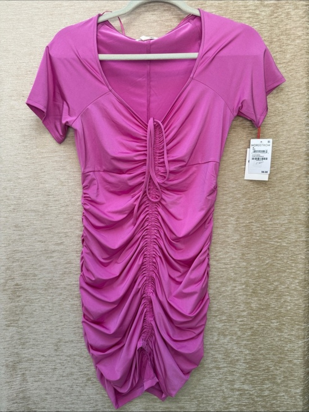 BNWT Nordstrom Fuchsia Pink Rosebud Ruched V-Neck Dress
